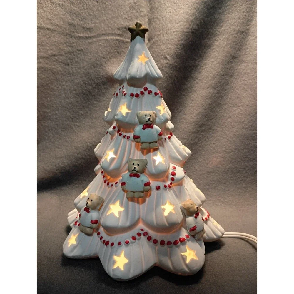 Vintage White Porcelain Lighted Christmas Tree Teddy Bears 9